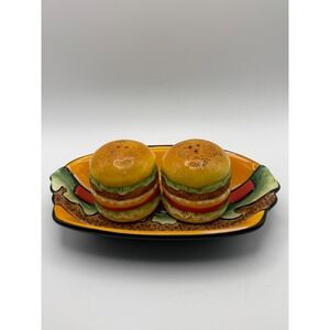Clay Art Hamburger Salt and Pepper Shakers with Matching Tray Ceramic 3pc Set